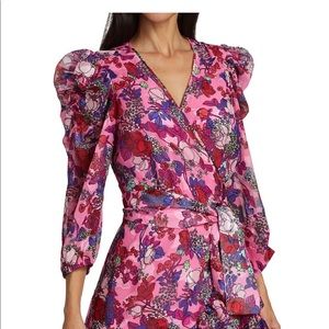 Tanya Taylor, Vibrant florals on this wrap dress with Victorian flair sleeves.